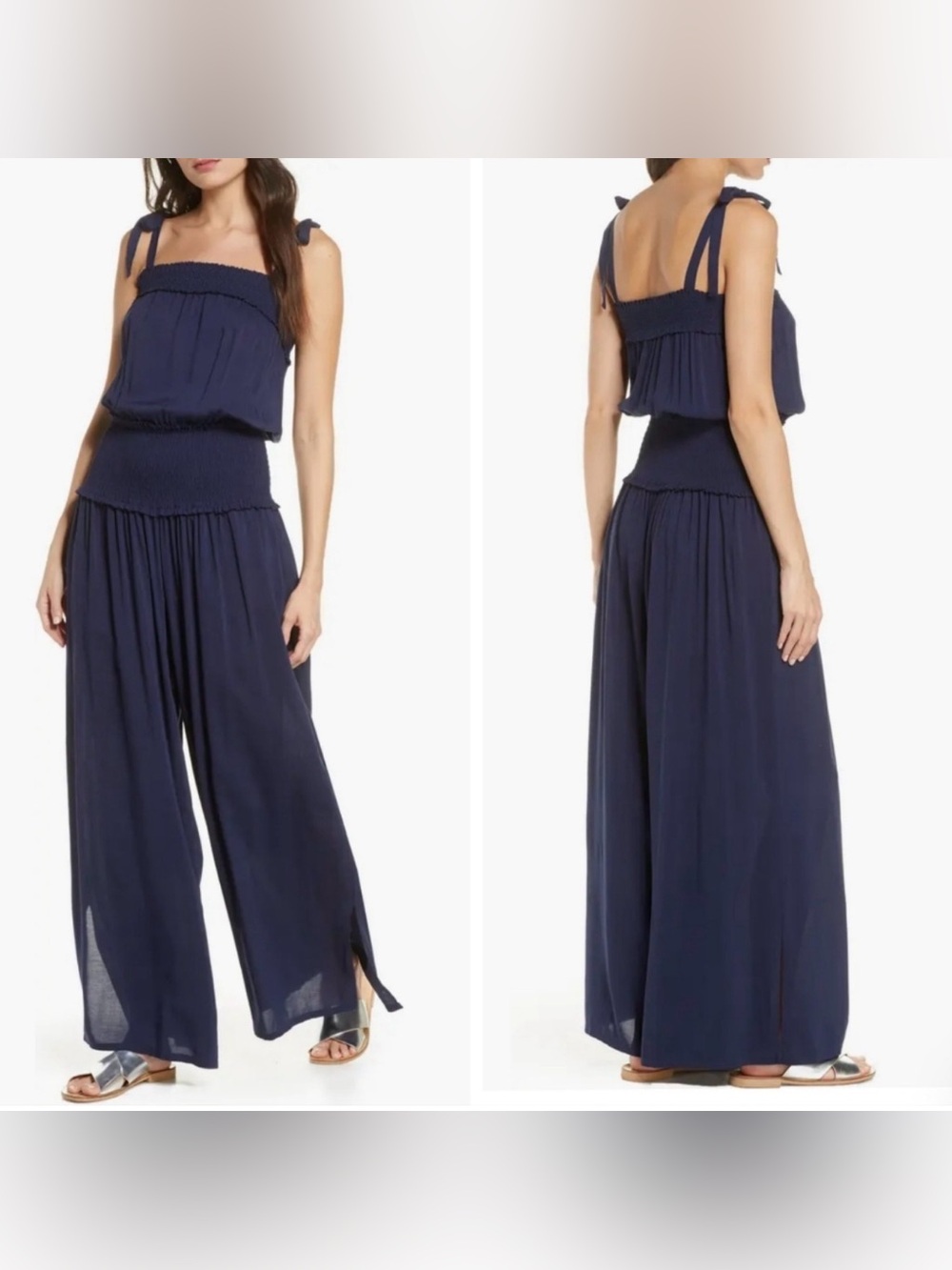 TORY BURCH Navy Tie Strap Smocked Blouson Wide Leg Flowy Resort Pant Jumpsuit S